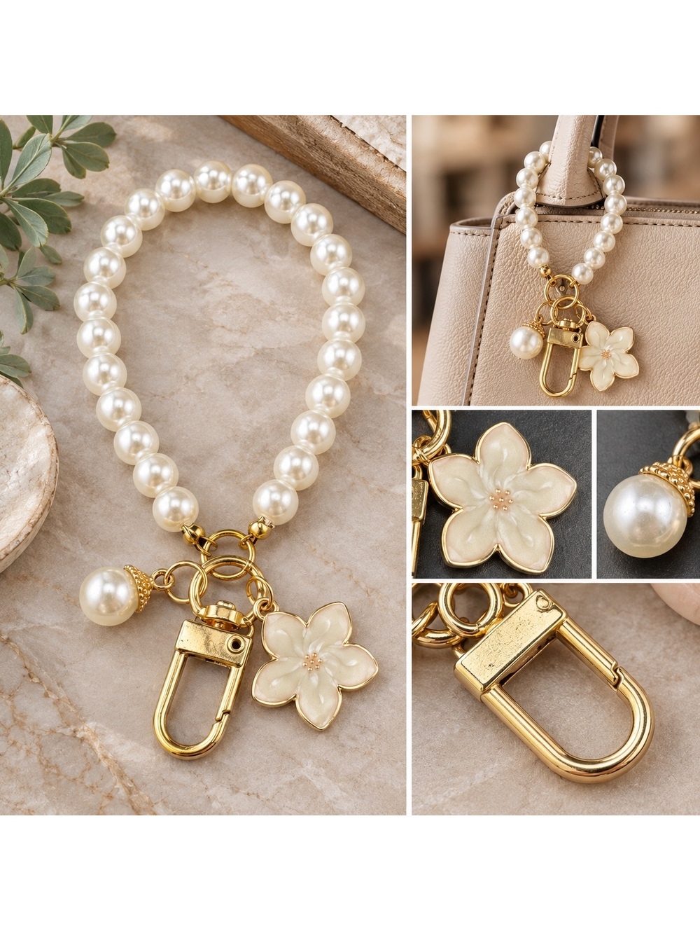 Pearl Beaded Keychain Bracelet with Flower Charm
